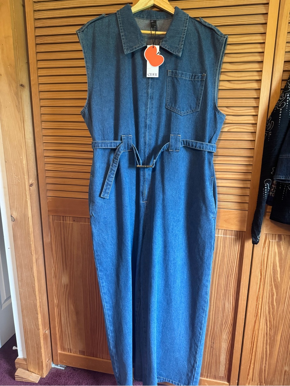 Cider Sleeveless Dark Blue Denim Jumpsuit with Tie Waist